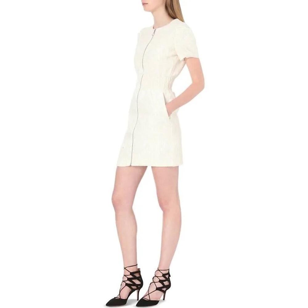 Maje Roxa Jacquard Mini Dress Zip Front Short Sleeve Gathered Waist Ecru Medium - Picture 4 of 16